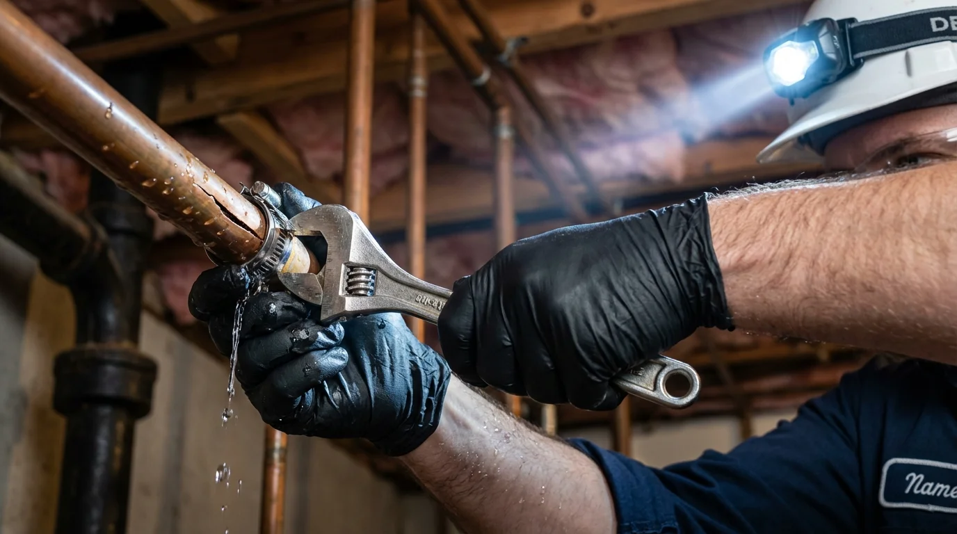 Emergency pipe clamp repair being performed by a Johns Plumbing LLC plumber in Seward