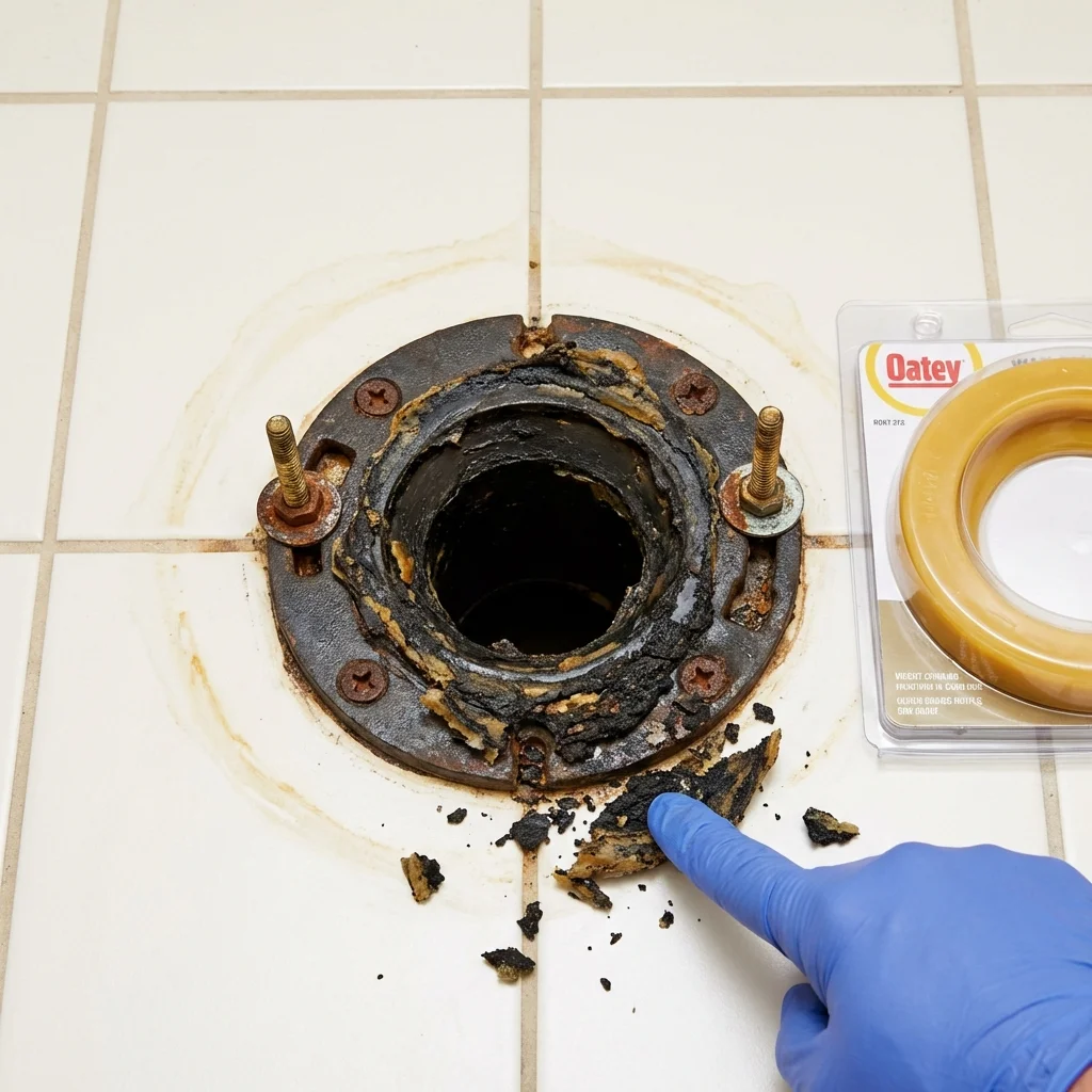Failed wax ring showing water seepage at the base of a toilet in a Seward, AK home
