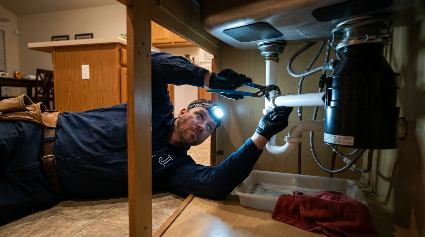 P-trap and supply line connections under a kitchen sink showing a common leak point in Seward, AK